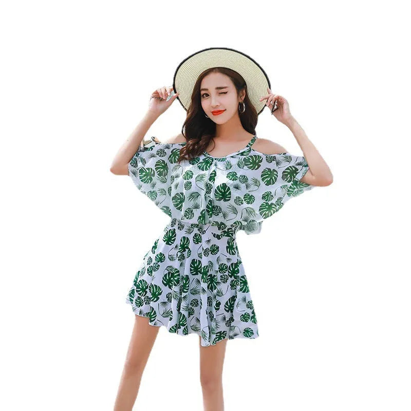 Women's personalised one-piece swimsuit in polyester with green leaf or black letter style print