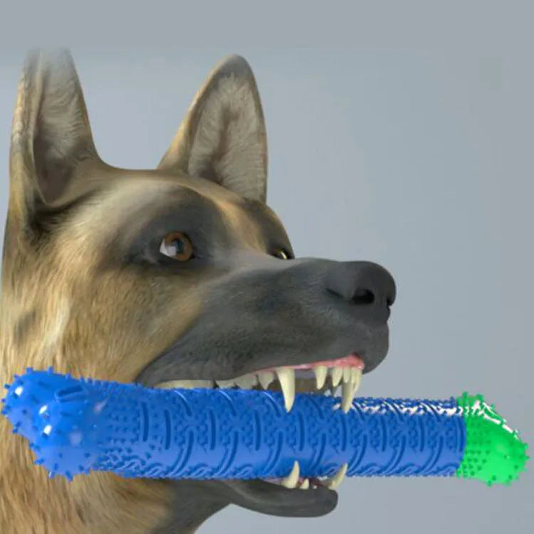Blue silicone dog chew toy with textured brush head design for dental cleaning.