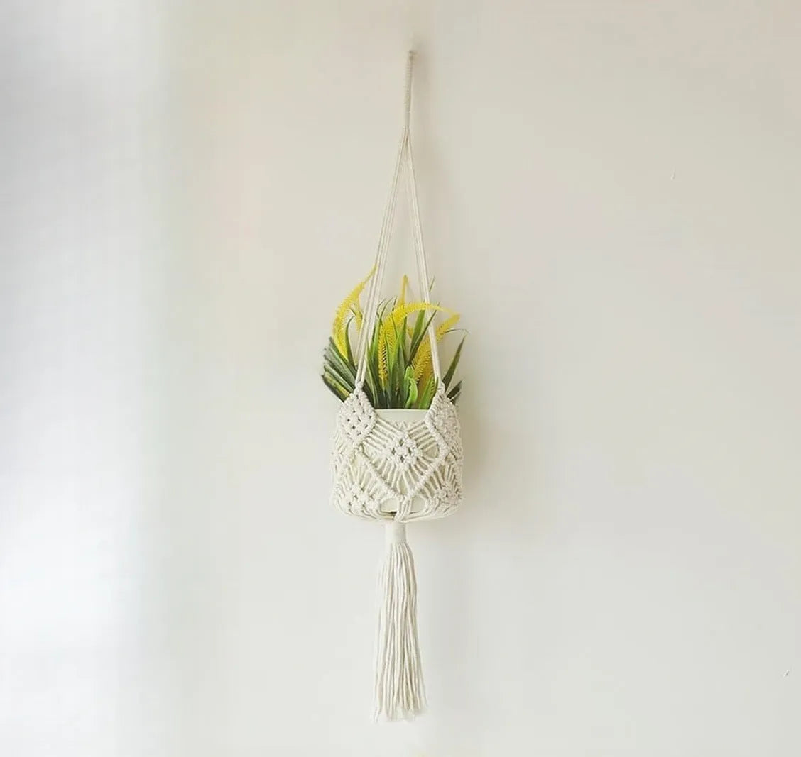 Hand-woven polyester cotton flower pot in natural colour with woven net pocket design