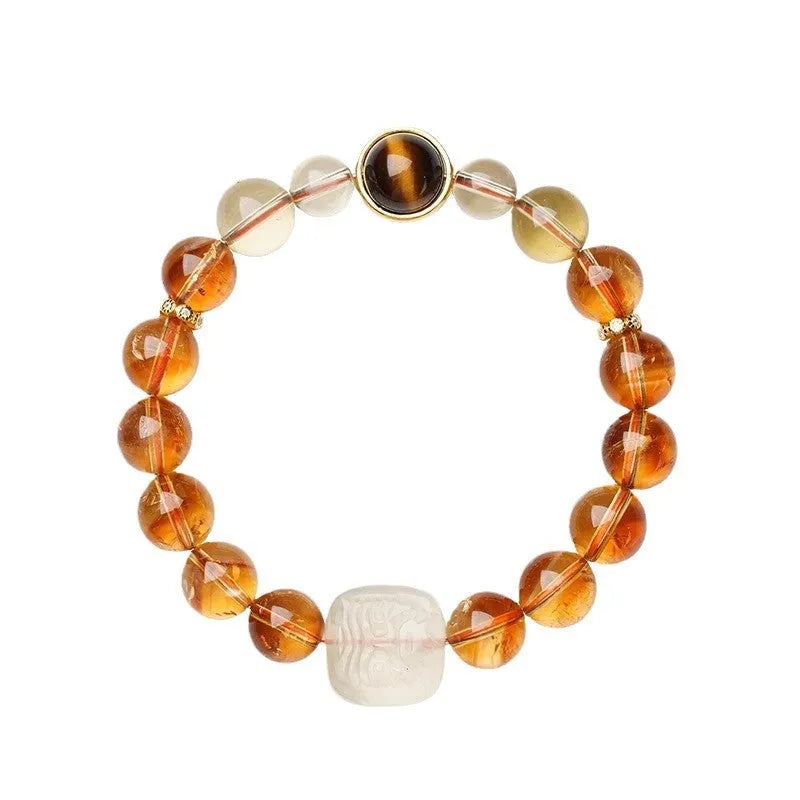 Women's carved citrine ethnic bracelet with 10mm geometric crystal stones in gold-toned setting