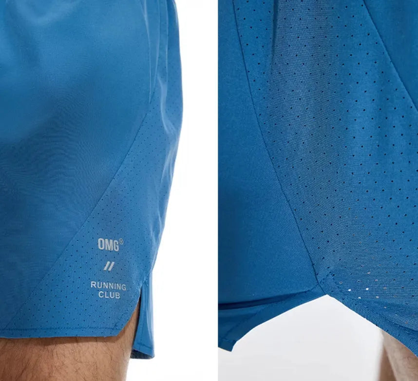 Black and blue four-point stretch running shorts with laser stitching detail for training.