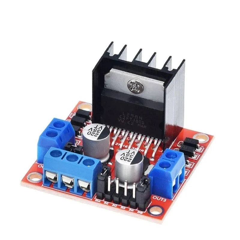 L298N motor driver module measuring 43mm square for DC and stepper motor control