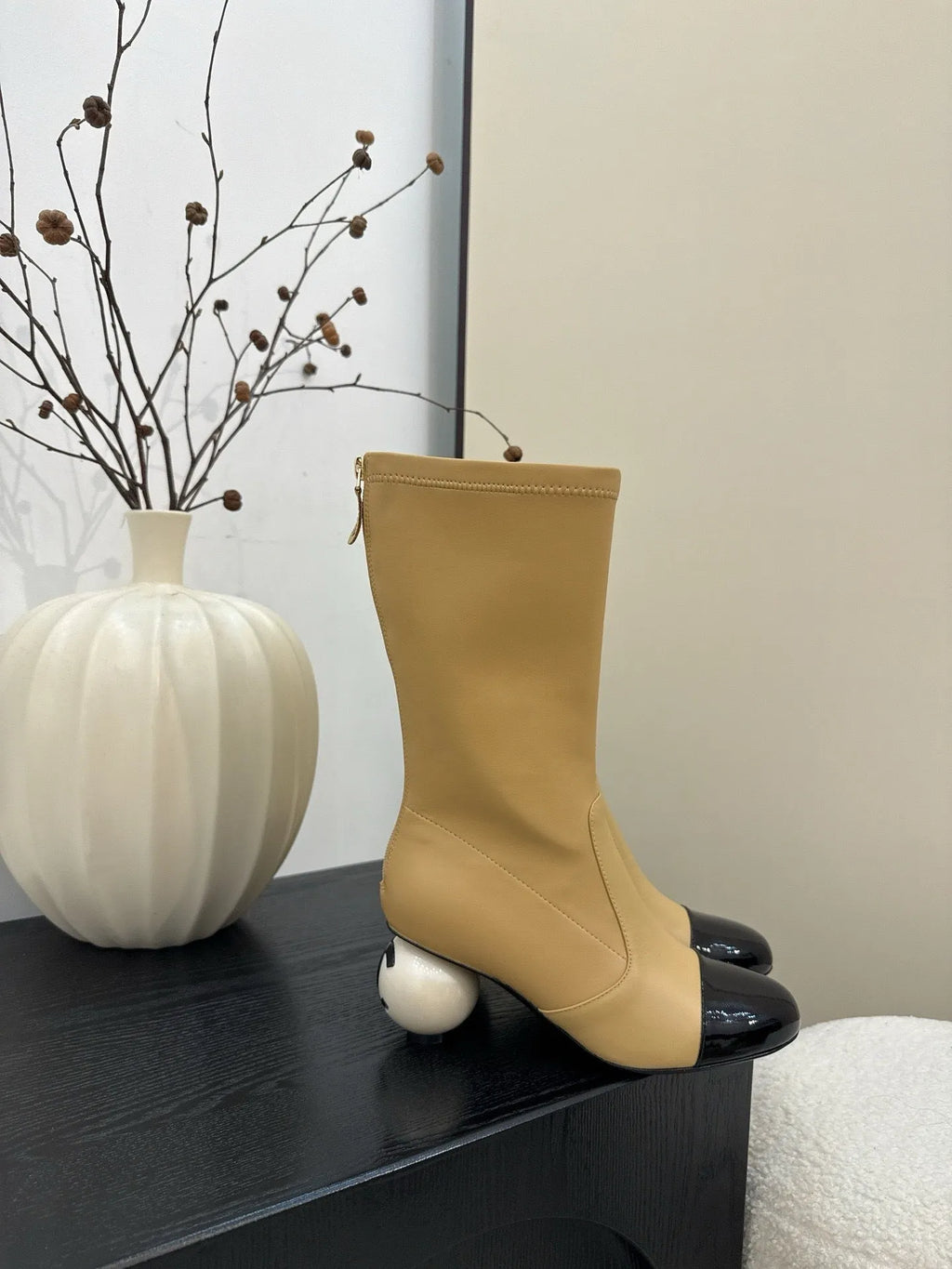 Women's winter chunky heel ankle boots in apricot with elastic fabric upper and back zipper