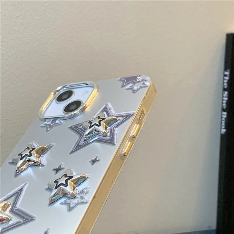Silver gray acrylic hard phone case with electroplated three-dimensional star pattern for iPhone