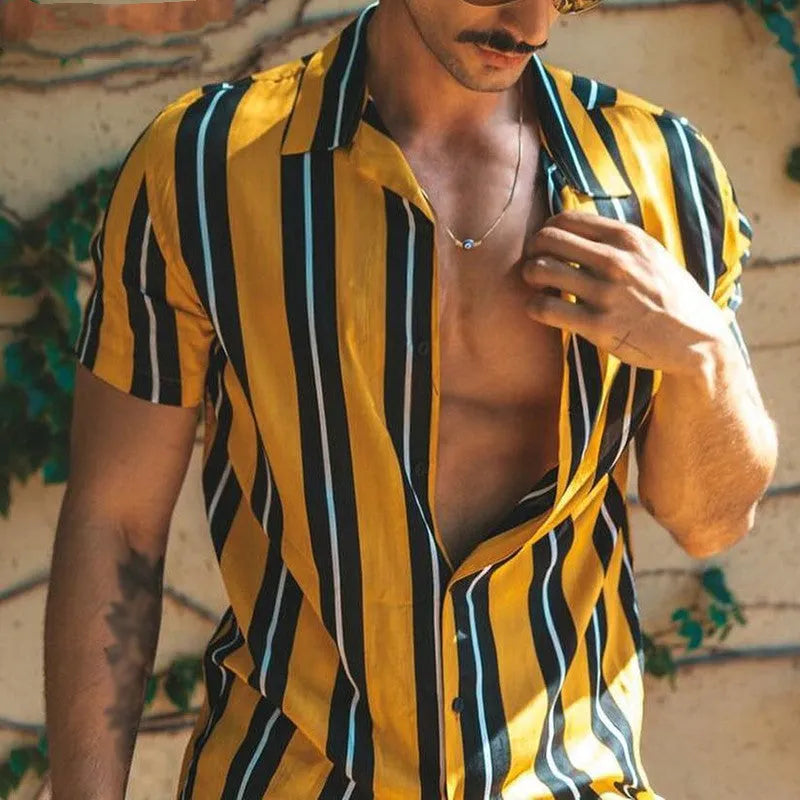 Men's yellow cotton loose fit casual summer streetwear short sleeve shirt