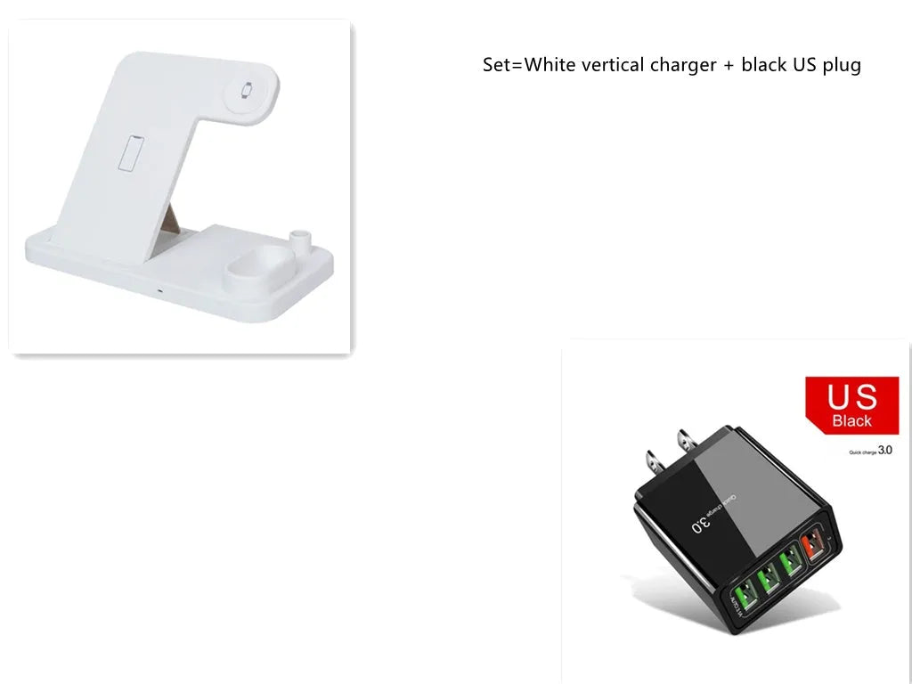 Black 4-in-1 wireless charging dock with phone on adjustable stand, Apple Watch, AirPods, and Apple Pencil charging simultaneously.