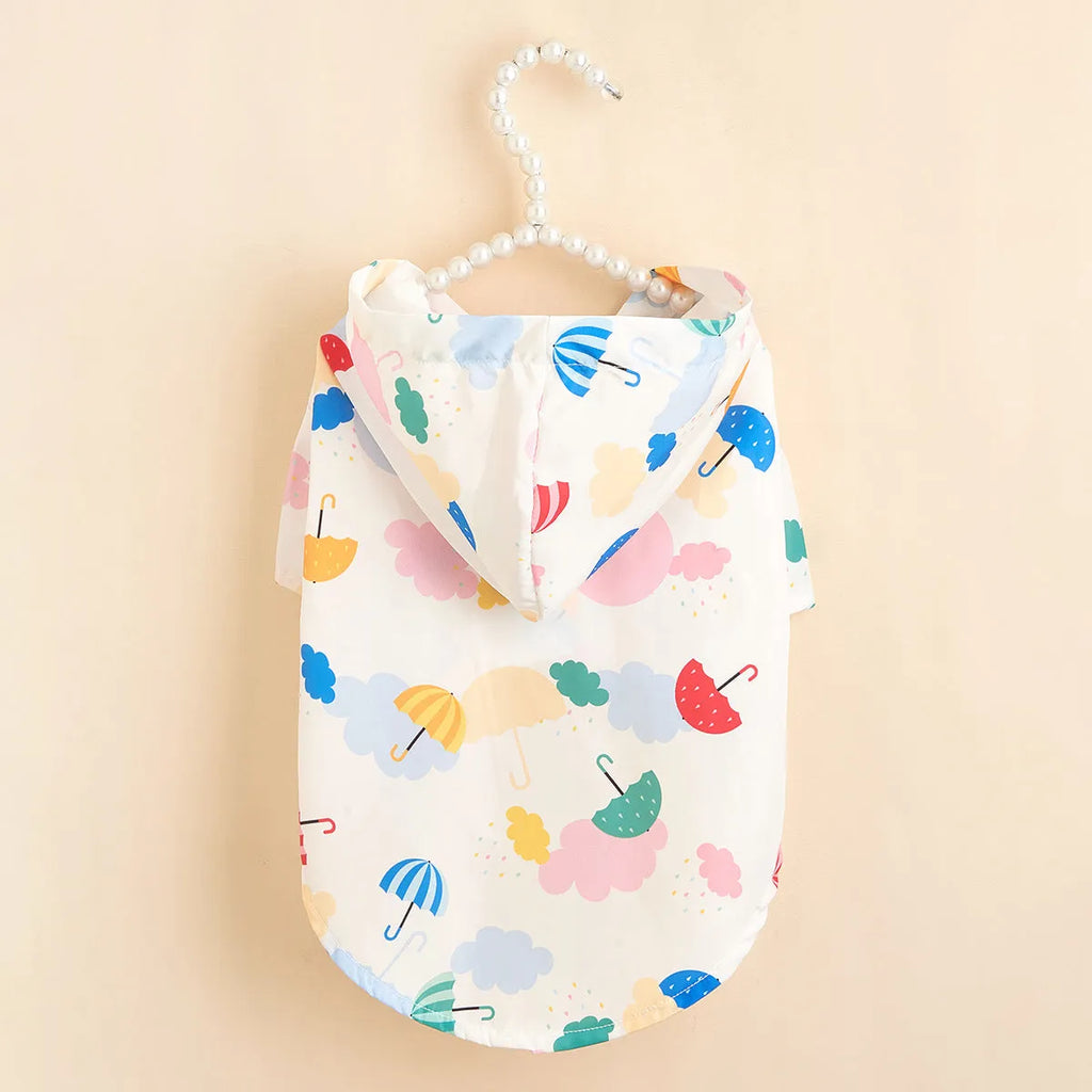 Colourful cartoon umbrella pattern dog or cat raincoat in polyester.