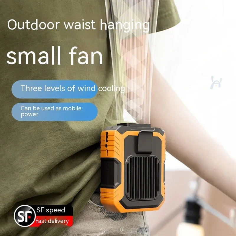 Green wrist hanging personal fan with light and USB charging port on a compact ABS and silicone body.