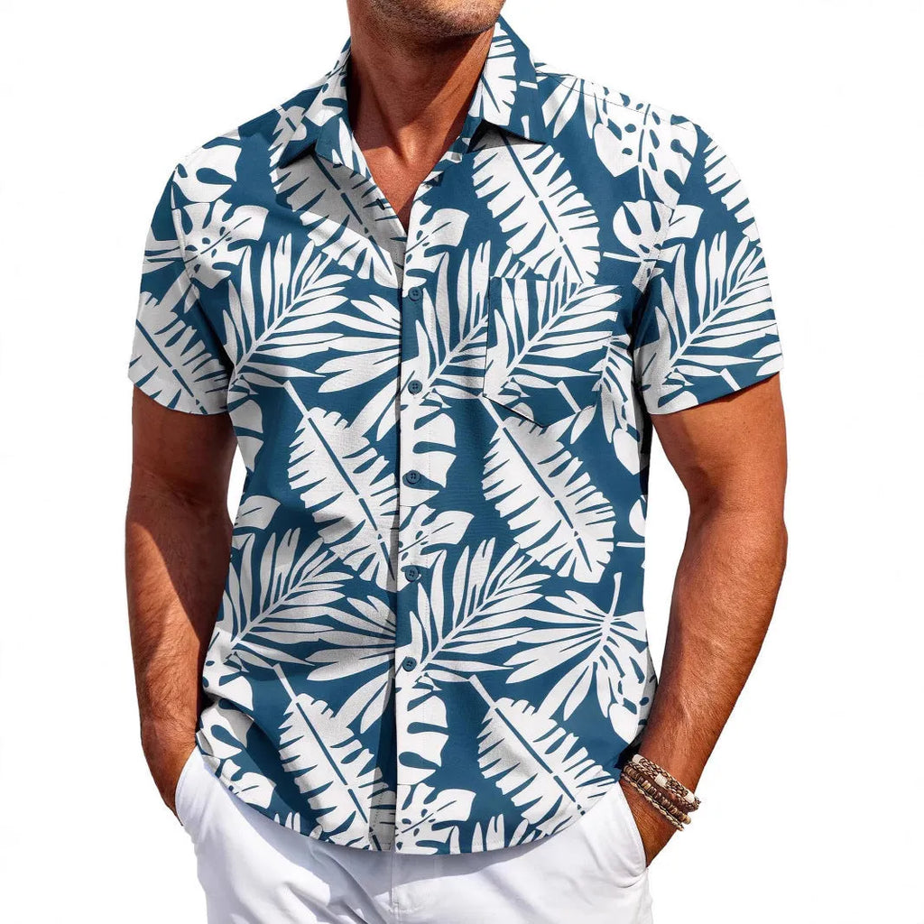 Men's slim fit Hawaiian short sleeve cardigan shirt in elastic polyester fabric on a model.