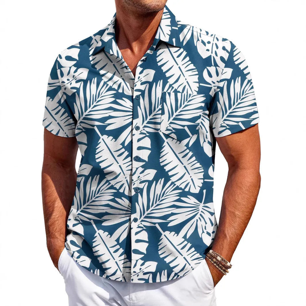 Men's slim fit Hawaiian short sleeve cardigan shirt in elastic polyester fabric on a model.