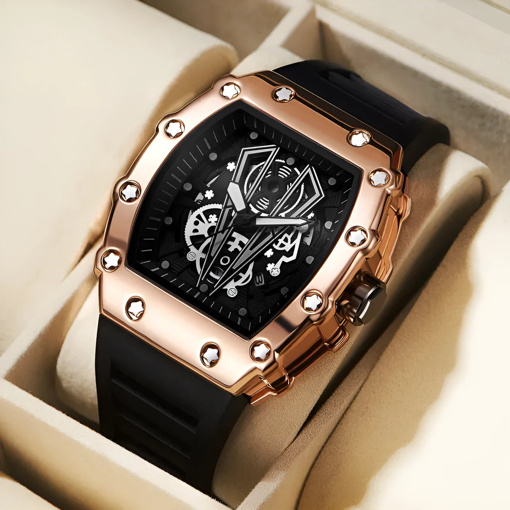 Men's sports waterproof quartz watch black rubber strap barrel dial mineral glass