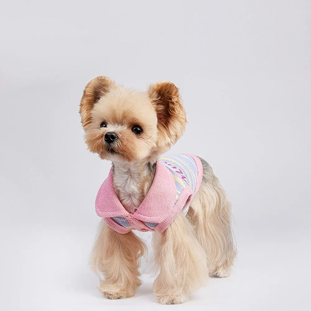 Pink purple dog vest for small pets showing weight-based sizing chart from XXS to XXL