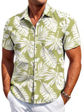 Men's slim fit Hawaiian short sleeve cardigan shirt in elastic polyester fabric on a model.