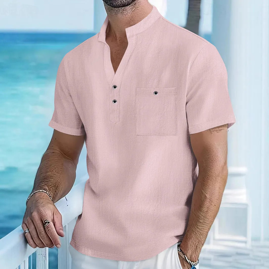 Men's apricot-coloured linen blend T-shirt with a stand collar and short sleeves on a hanger.