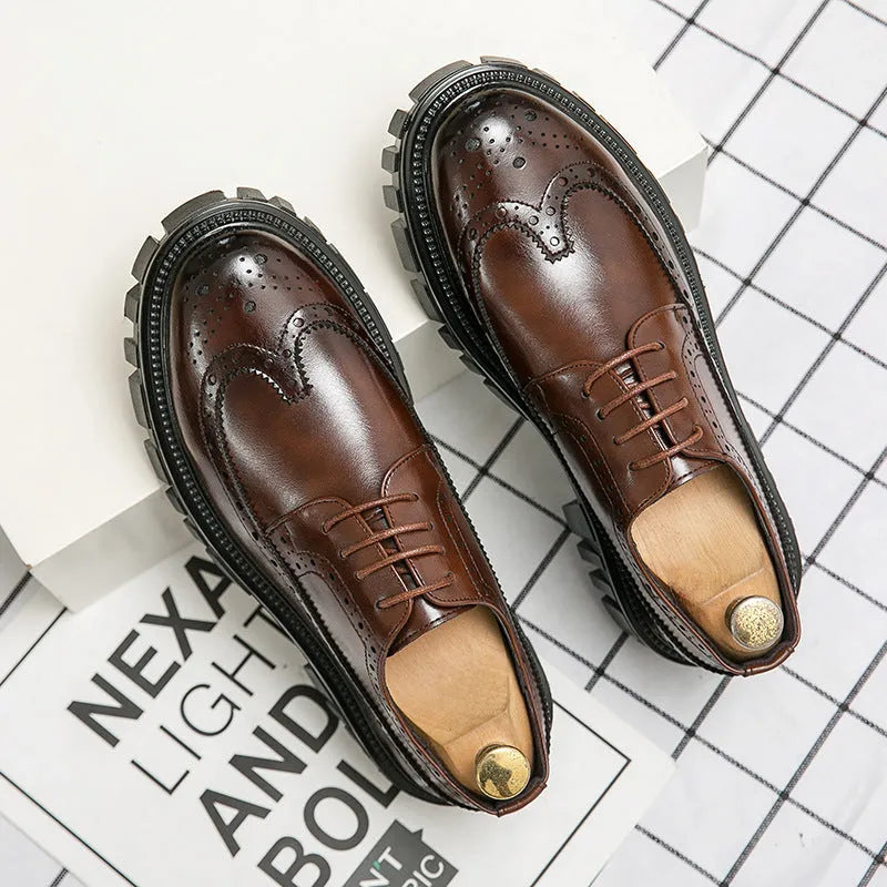 Men's black and brown business brogue shoes with round toe design and artificial leather construction