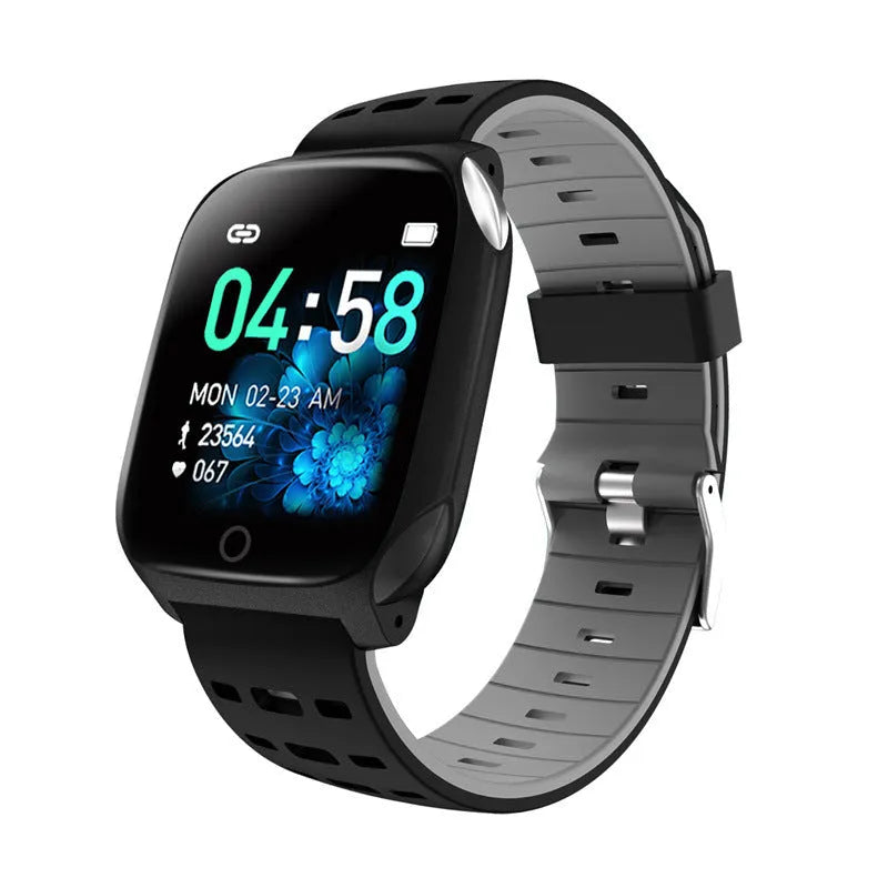 F16 smart watch with ECG and blood pressure monitoring on wrist, showing black and grey colour variant.