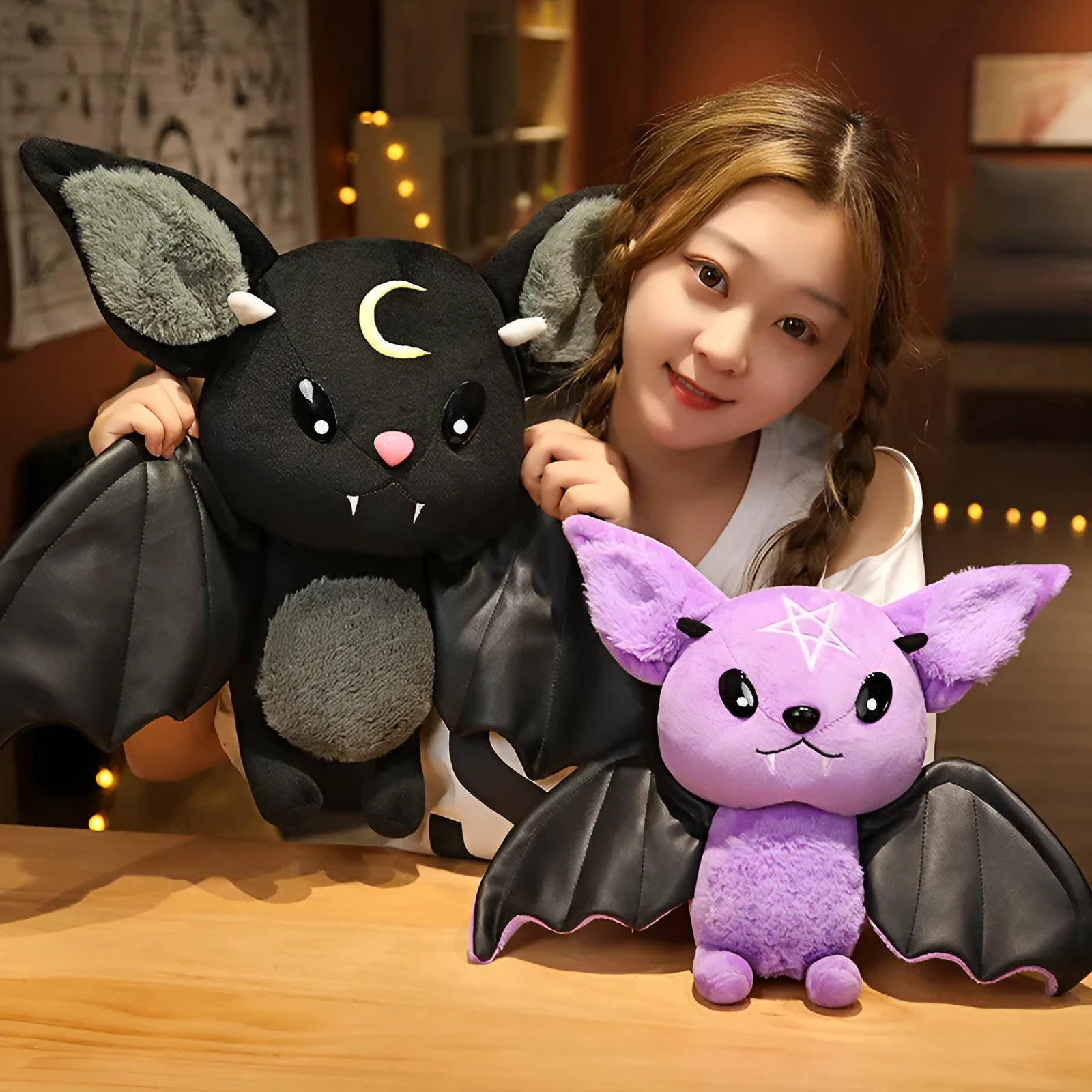 Purple and black short plush bat toys with PP cotton filling, 30cm and 45cm sizes, on a light background