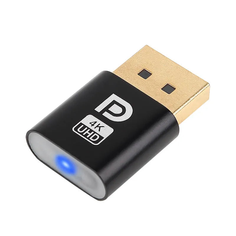Graphics card virtual display dongle with HDMI or DP connector in black, gold, or silver finish.