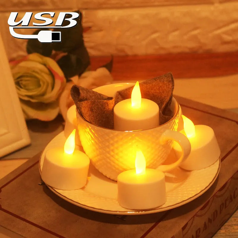 White plastic USB rechargeable LED candle lamp showing yellow glowing flame.