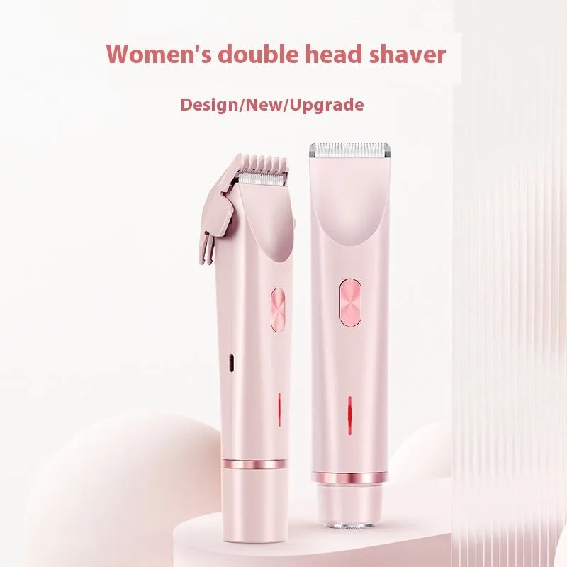 Pink women's electric hair trimmer with two detachable heads on a white background