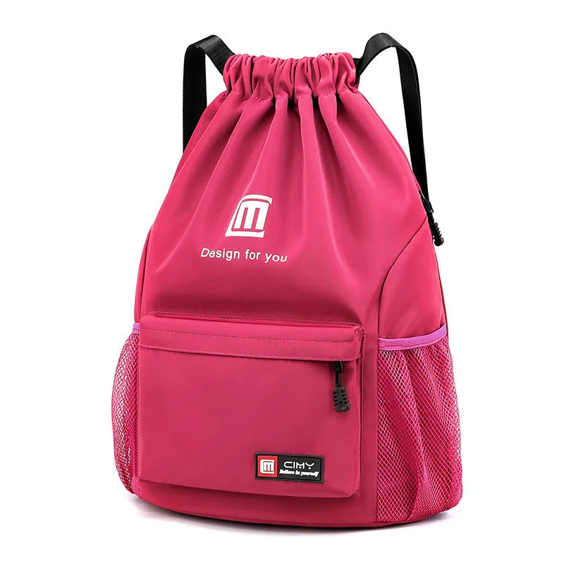 Oxford drawstring backpack in bucket shape with pull-cord closure and water-repellent fabric