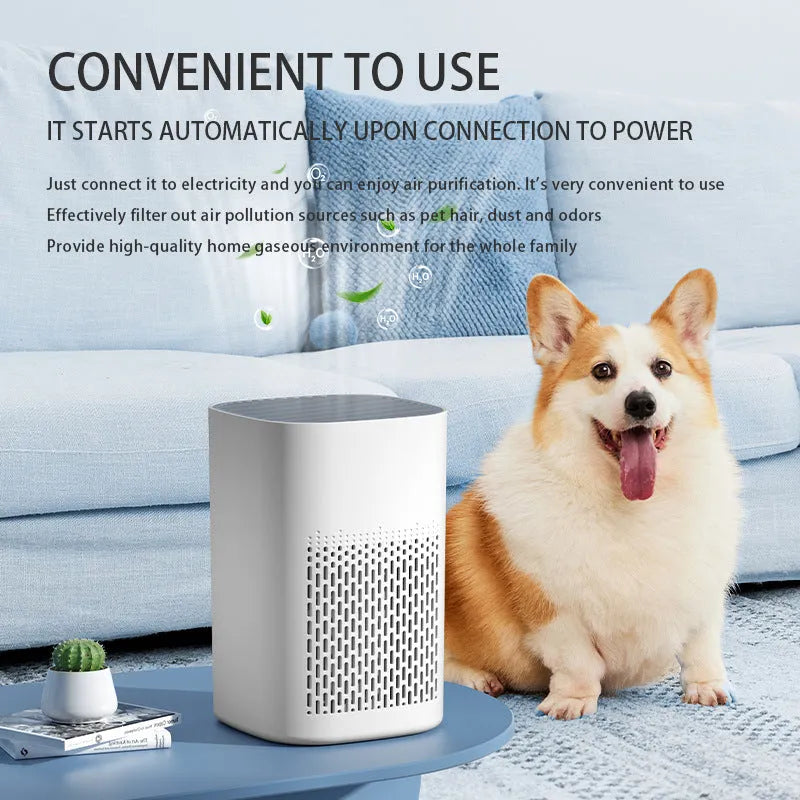 Compact desktop air purifier with USB cable connection and simple modern design