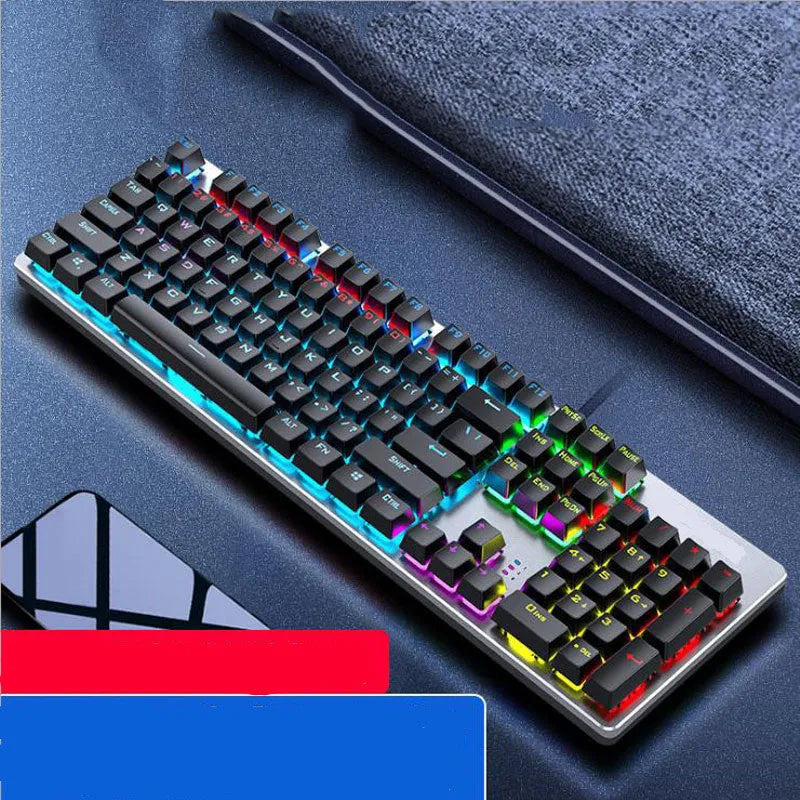 AOC GK410 wired mechanical keyboard with green switches and black keycaps on a desk, showing metal frame and USB cable.
