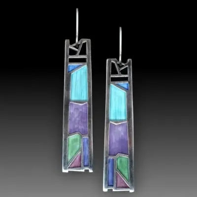 Women's silver irregular water drop earrings with oil colour effects