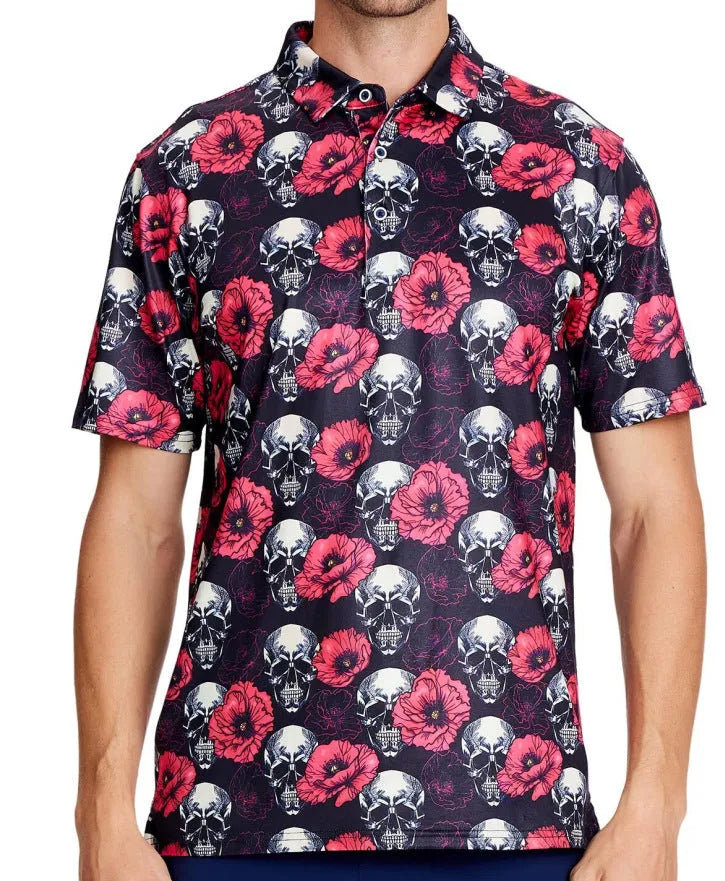 Men's short sleeve T-shirt with 3D printed patterns and zipper details on mesh fabric.