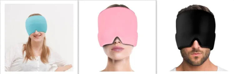Black elastic cloth cooling gel eye mask for headache relief showing adjustable fit