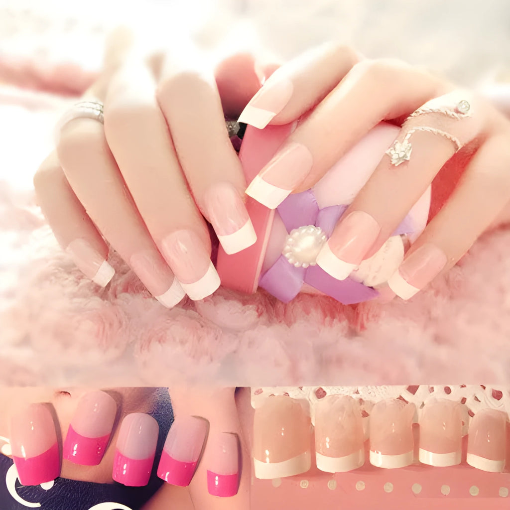 Set of finished French long fake nail patches in light pink, rose red, and white