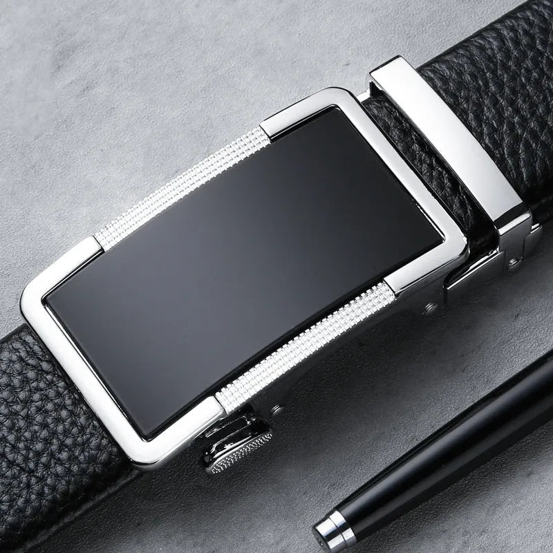 Men's leather belt with an automatic alloy buckle in gun black, silver, or gold colour.