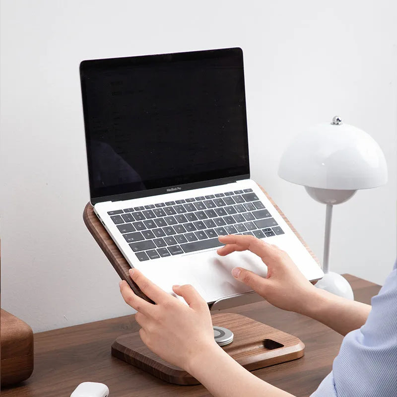 Natural walnut coloured solid wood reading rack with adjustable stand and tablet slot