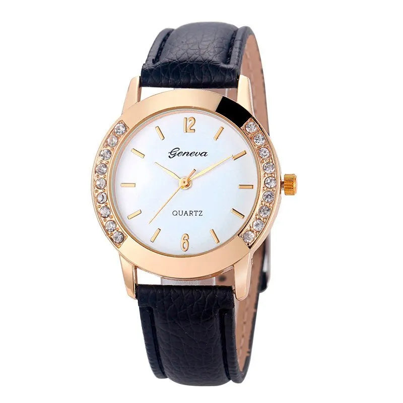 Bilateral diamond ladies casual belt watch with round face and leather strap in black