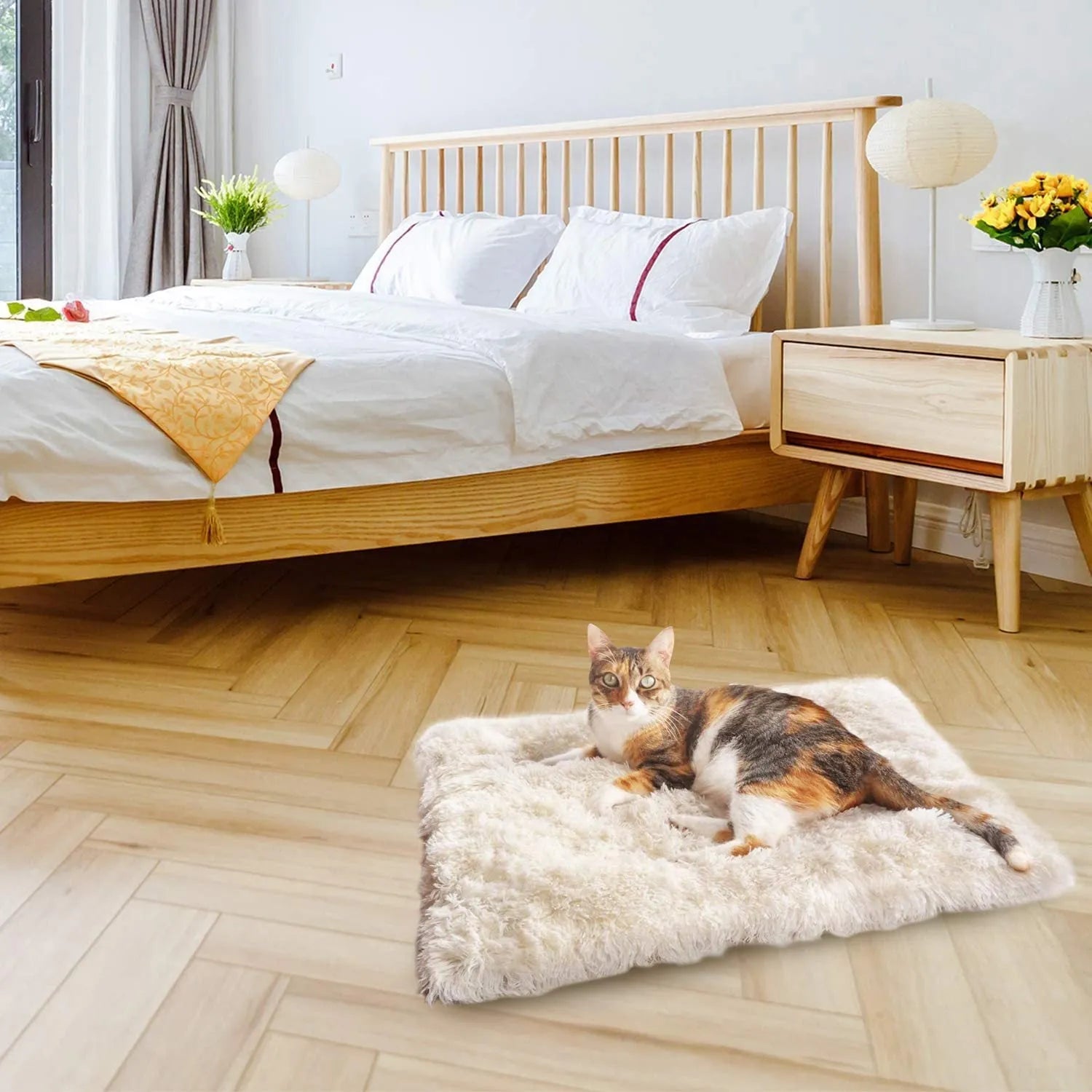 Grey and white pet blanket nest with plush surface and non-slip bottom measuring 61cm by 51cm