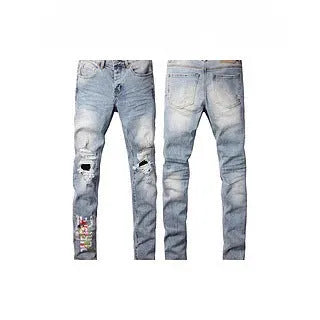 Black men's slim fit skinny jeans with a straight leg and button-fly cardigan opening.