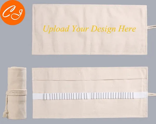 Rolled canvas pencil wrap with elastic bands holding coloured pencils, in 48-slot configuration