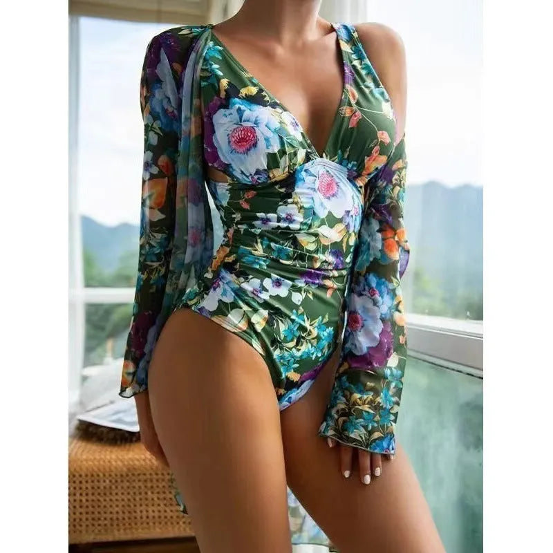Women's floral patterned bikini and matching coat set in one of seven colour options.