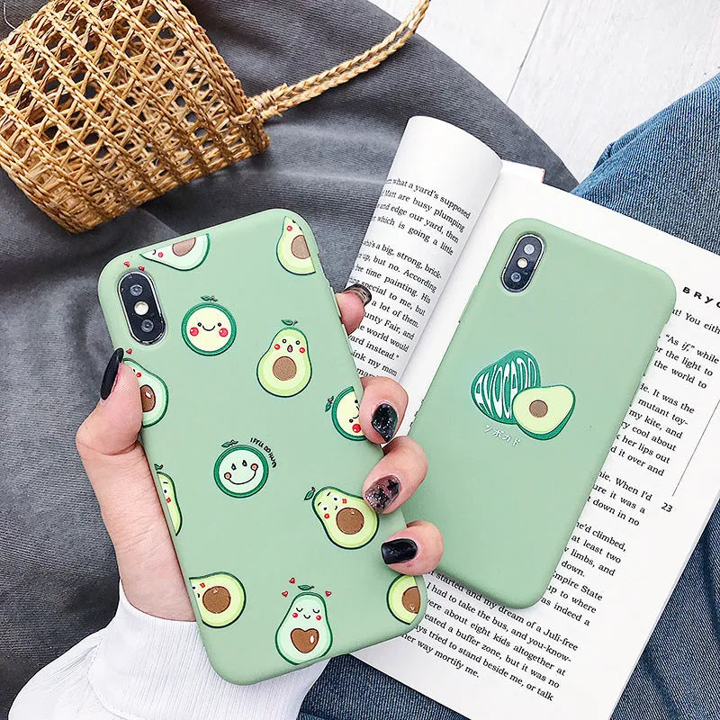 A flexible TPU phone case with a colourful painted cartoon avocado design on the back.