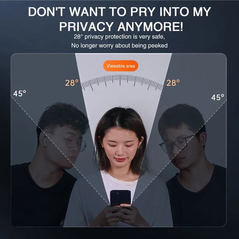iPhone tempered glass screen protector with anti-peeping privacy feature on a mobile phone.