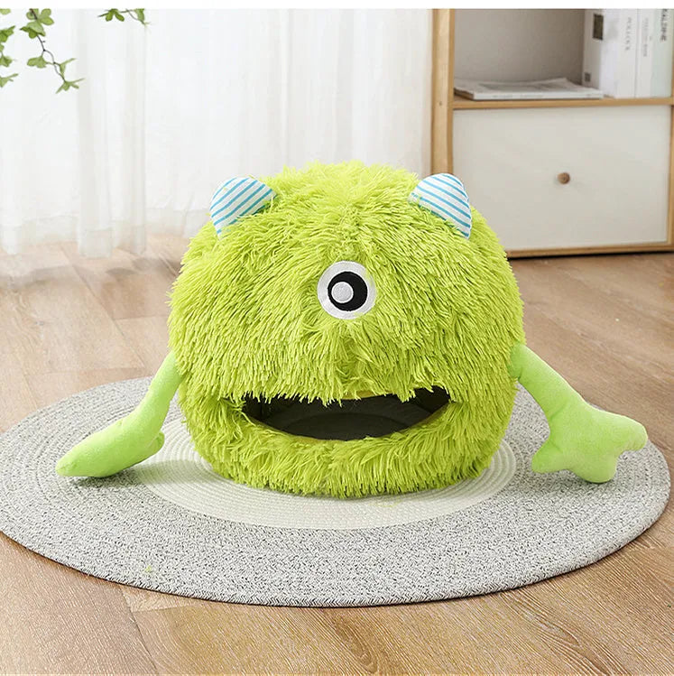 Round fluffy plush cat bed with non-slip base shown in three sizes: small, medium, and large.