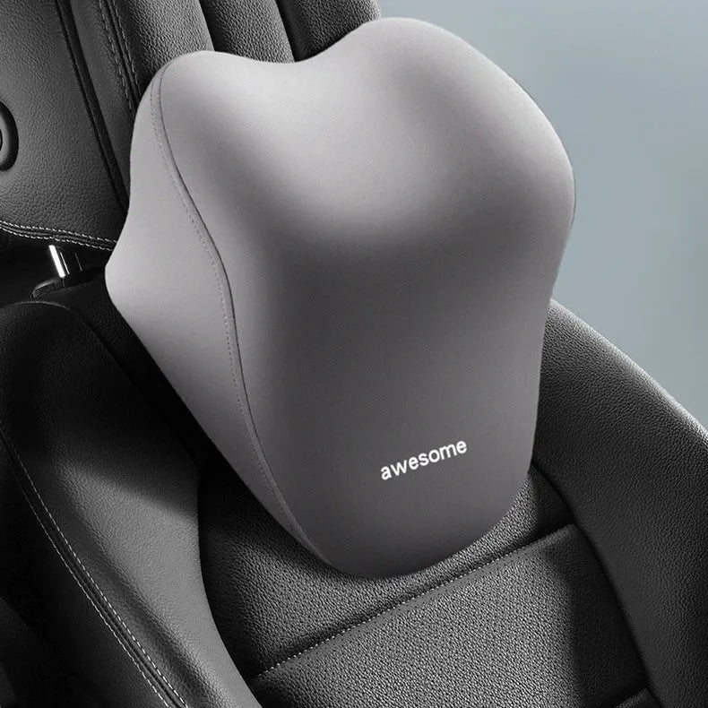 High-grade automotive headrest lumbar support pillow set in memory foam with polyester cover, Y-black colour option on a car seat