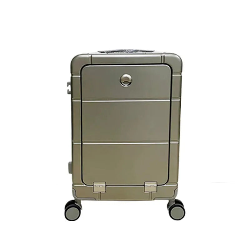 20-inch front opening cabin suitcase in silver with a cup holder and separate wet-dry compartment.