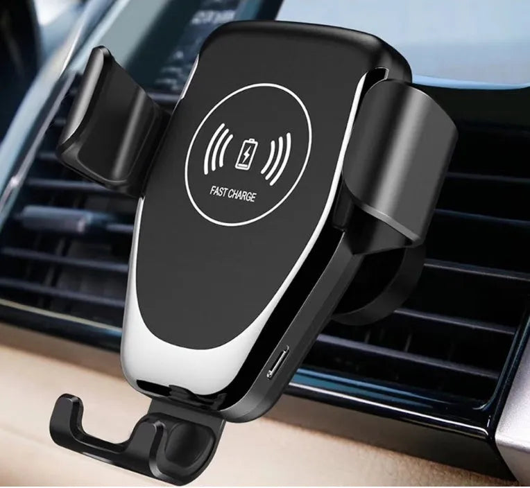 Car wireless charger mount with automatic clamp for Apple iPhones showing black and white colour options