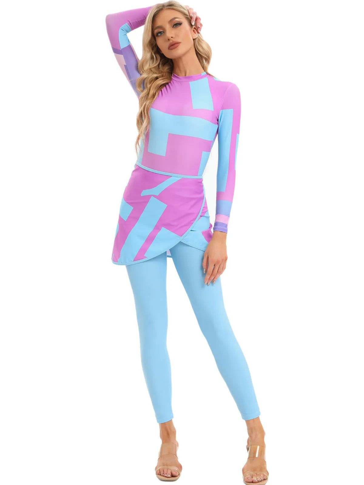Conservative Muslim swimsuit three-piece set with apron in blue, white, or light green colour options.