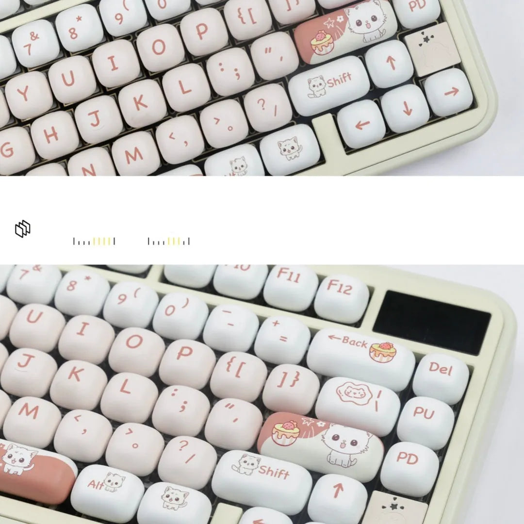 Complete set of MOG round key caps with sublimation-printed cartoon dessert cat design for mechanical keyboards.