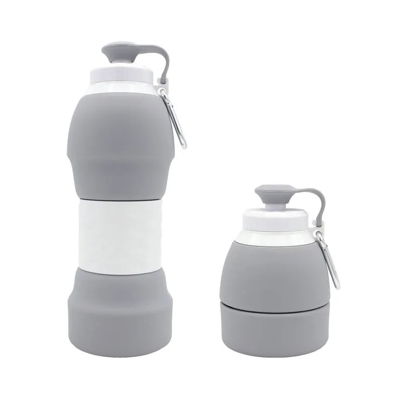 Blue silicone folding water bottle shown expanded and collapsed with measurement scale