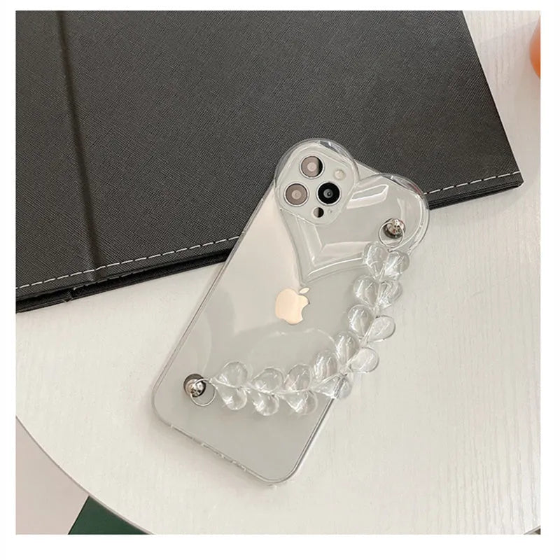 Transparent iPhone case with love bracelet chain design for Apple models 7 through 13 Pro Max
