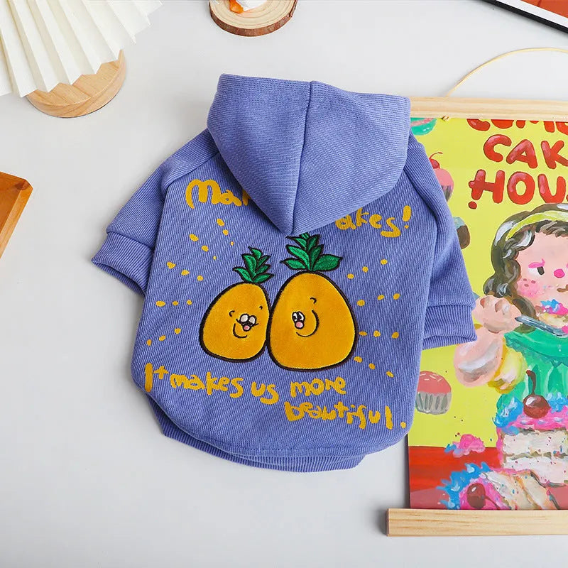 Blue and purple cotton pet hoodie with cartoon print for winter wear