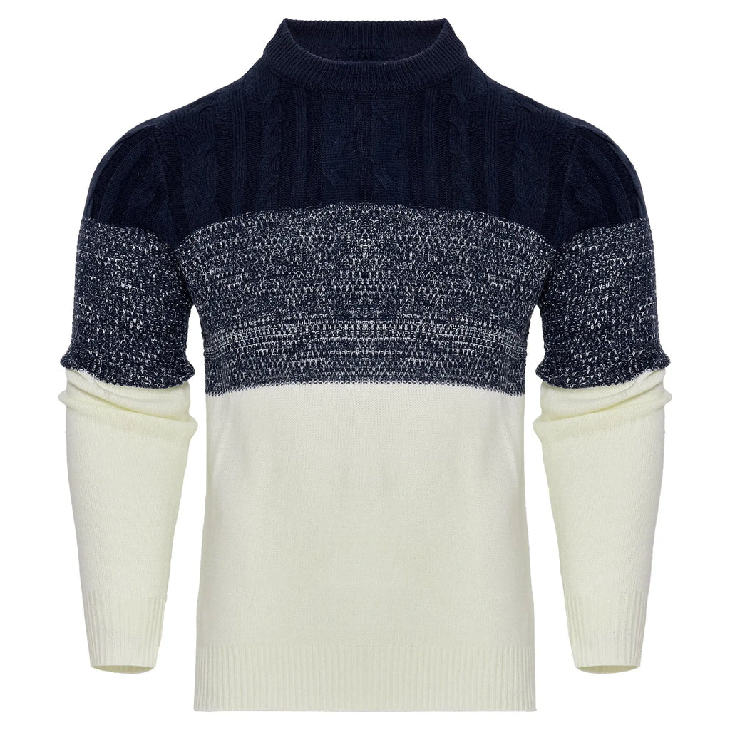 Men's knitted long-sleeved pullover sweater on a hanger, available in multiple sizes and styles.